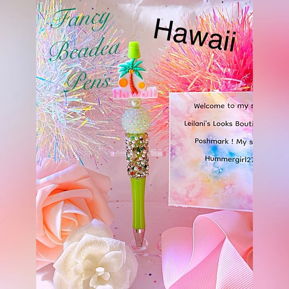 Hawaii Themed Pen - Green and Multicolor/vacation/gifts/green beads/palm tree